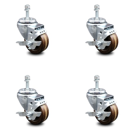 Service Caster 3 Inch High Temp Phenolic Swivel 12mm Threaded Stem Caster Set with Brake SCC-TS20S314-PHSHT-TLB-M1215-4